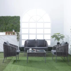 Crafttown Outdoor 4-Piece Rope Patio Furniture Set with Glass Table – Grey Furniture with Dark Grey Cushions for Comfort, Style, and Durability