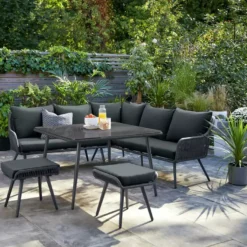 Crafttown 6-Seater L-Shaped Sofa Set with Center Table – Black Rope Woven Outdoor Furniture