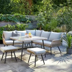 Crafttown 6-Seater L-Shaped Sofa Set with Center Table – Beige & Cream Rope Woven Outdoor Furniture"