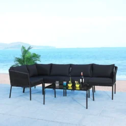 Crafttown 6-Seater L-Shaped Sofa Set with Center Table & Cushions – Elegant Black Rope Woven Outdoor Patio Furniture