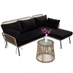 Crafttown L-Shaped Rope Patio Sofa Set with Ottoman & Side Table – Stylish & Comfortable Outdoor Seating