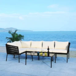 Crafttown 5-Seater L-Shaped Sofa Set with Center Table – Black & Cream Rope Woven Outdoor Furniture