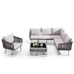 Crafttown Serenity 6-Seater L-Shaped Sofa Set with Center Table – Stylish Outdoor Patio Furniture for Garden, Balcony & Deck