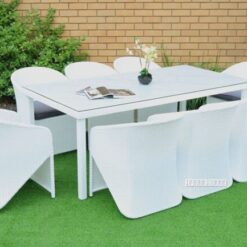 Dark Brown Wicker Outdoor Dining Set | Luxury Patio, Garden & Poolside Seating with Orange Cushions