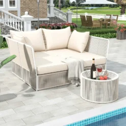 Beige Rope Daybed with Cushions & Elegant Coffee Table | Outdoor Lounger for Garden, Terrace, Courtyard | 300kg Weight Capacity | Crafttown