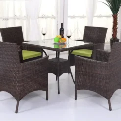 Dark Brown Wicker Dining Set | Luxury Patio, Garden & Poolside Dining with Green Cushions