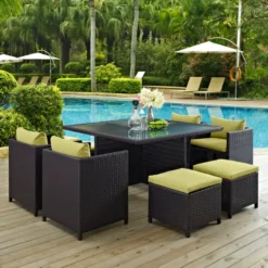 Dark Brown Rattan Dining Set | Luxury Patio, Garden & Poolside Seating with Green Cushions