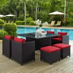 Dark Brown Rattan Dining Set | Luxury Patio, Garden & Poolside Seating with Red Cushions