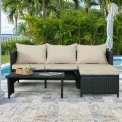 Crafttown 3-Piece Outdoor Rattan Patio Furniture Set – Customizable Cushions & Glass Table, Ideal for Garden, Backyard, and Poolside