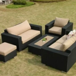 Premium Designer Black Rattan 5-Piece Outdoor Sectional Sofa Set | Luxury Seating for Patios, Gardens, & Poolside with Cream Cushions