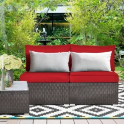 Outdoor Wicker Patio Sofa Set (Dark Brown, Red)