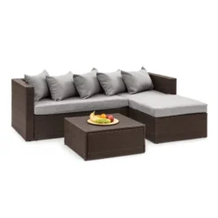 Stylish Dark Brown Rattan L-Shaped Outdoor Sofa Set with Grey Cushions, Coffee Table & Ottoman – Durable & Comfortable