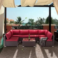 Dark Brown Rattan Wicker Sectional Sofa Set | Luxury Garden, Patio, Poolside & Backyard Seating with Red Cushions