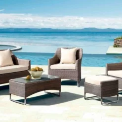 Premium Designer Dark Brown Rattan 5-Piece Outdoor Sectional Sofa Set | Luxury Garden, Porch, Patio & Balcony Seating with Cream Cushions and Glass Coffee Table