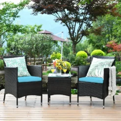 3-Piece Rattan Wicker Sofa Set with Cushions & Glass Top Table for Outdoor Patio, Balcony & Garden