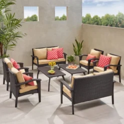 Dark Brown Modular Outdoor Sectional Sofa Set | Luxury Garden, Patio, Deck & Backyard Seating with Cream Cushions