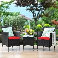 3-Piece Dark Brown Rattan Wicker Sofa Set with Red Cushions & Glass Top Table for Outdoor Patio, Garden & Balcony