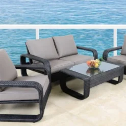 Modular Rattan Wicker Outdoor Sofa Set with Glass Table and Machine Washable Cushions
