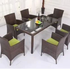 Dark Brown Wicker Dining Set | Luxury Patio, Garden & Poolside Seating with Green Cushions