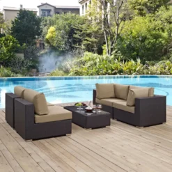 Modern Dark Brown Rattan Outdoor Sectional Set with Beige Cushions & Glass Coffee Table – Comfortable & Versatile