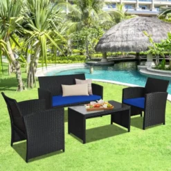 Crafttown 4-Piece Rattan Sofa Set – Black, Blue Cushions, Weather-Resistant & Stylish Outdoor Furniture