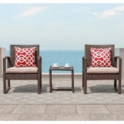 3-Piece Rattan Patio Set – Ergonomic Chairs with Cushions & Side Table – Durable Powder-Coated Iron Frame