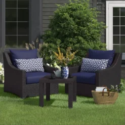 3-Piece Outdoor Rattan Bistro Set – Dark Brown Wicker with Navy Blue Cushions – Perfect for Balconies and Small Spaces