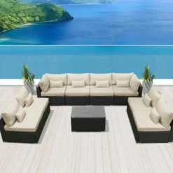 Black Rattan Wicker Outdoor Sofa Set | Luxury Terrace, Garden & Poolside Seating with Cream Cushions