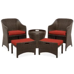 Crafttown 5-Piece Dark Brown Rattan Wicker Outdoor Bistro Set with Red Waterproof Cushions, Powder-Coated Iron Frame, Space-Saving Ottomans & Glass Table for Patios, Balconies & Gardens
