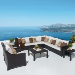 Dark Brown Wicker Modular Outdoor Sofa Set | Luxury Patio, Garden & Poolside Seating with White Cushions