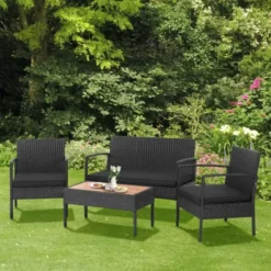 Crafttown 4-Piece Rattan Patio Set – Black, Black Cushions, Durable & Comfortable Outdoor Furniture