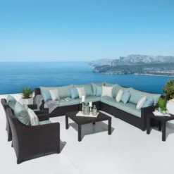 Dark Brown Wicker Modular Patio Sofa Set | Luxury Garden, Backyard & Poolside Seating with Sky Blue Cushions
