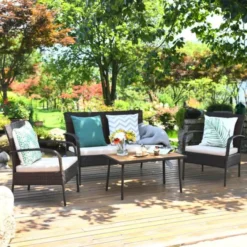 Crafttown 4-Piece Rattan Patio Set – Dark Brown, Cream Cushions, Ergonomic Comfort & Durable Design