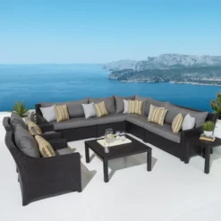 Dark Brown Wicker Modular Outdoor Sofa Set | Luxury Patio, Garden & Poolside Seating with Grey Cushions