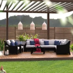 Dark Brown Wicker Modular Outdoor Sofa Set | Luxury Patio, Garden & Poolside Seating with White Cushions