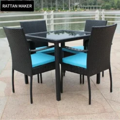Black Rattan Dining Set | Luxury Patio, Porch & Balcony Dining with Turquoise Cushions and Glass-Free Table