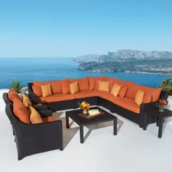 Dark Brown Wicker Modular Outdoor Sofa Set | Luxury Patio, Garden & Poolside Seating with Orange Cushions