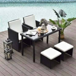 Black Rattan Seating Set | Luxury Garden, Patio, Backyard & Poolside with White Cushions and Glass Tabletop