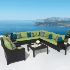 Dark Brown Wicker Modular Outdoor Sofa Set | Luxury Patio, Garden & Poolside Seating with Green Cushions