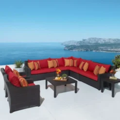 Dark Brown Wicker Modular Outdoor Sofa Set | Luxury Patio, Garden & Poolside Seating with Red Cushions