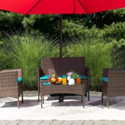 Crafttown 4-Piece Wicker Patio Set – Dark Brown, Turquoise Cushions, Weather-Resistant & Comfortable