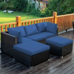 Premium Designer Black Rattan Outdoor Sectional Sofa Set with Glass Table | Luxury Garden, Poolside, Patio & Backyard Seating with Navy Blue Cushions