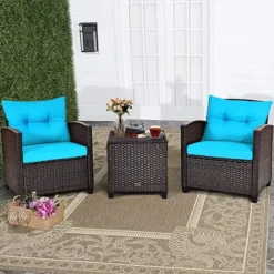 Crafttown 3-Piece Rattan Bistro Set with Cushions & Coffee Table | Outdoor Patio Furniture | Durable Powder-Coated Iron Frame & Weather-Resistant Wicker