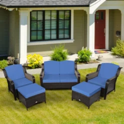 Premium Designer Dark Brown Rattan Wicker 5-Piece Outdoor Sofa Set with Ottoman | Luxury Patio, Balcony, & Garden Seating with Blue Cushions