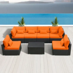 Black Wicker Outdoor Sofa Set | Luxury Terrace, Garden, Poolside & Porch Seating with Orange Cushions & Center Table