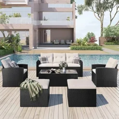 Black Wicker Outdoor Sectional Sofa Set | Luxury Garden, Patio, Backyard & Poolside Seating with Off-White Cushions & Glass Tables