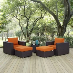 Crafttown 5-Piece Dark Brown Rattan Wicker Outdoor Sofa Set with Orange Waterproof Cushions, Powder-Coated Iron Frame, Ottomans & Glass Table for Garden, Patio, and Balcony