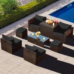 Premium Designer Dark Brown Rattan Wicker 8-Piece Outdoor Sofa Set | Luxury Yard, Porch, Balcony & Garden Seating with Black Cushions
