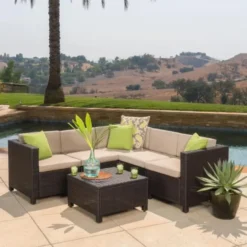 Premium Designer Dark Brown Rattan 4-Piece Outdoor Wicker Sofa Set | Luxury Patio, Garden & Balcony Seating with Cream Cushions & Glass Coffee Table