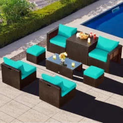 Premium Designer Dark Brown Rattan 8-Piece Outdoor Sectional Sofa Set | Luxury Patio, Backyard, & Garden Seating with Turquoise Blue Cushions